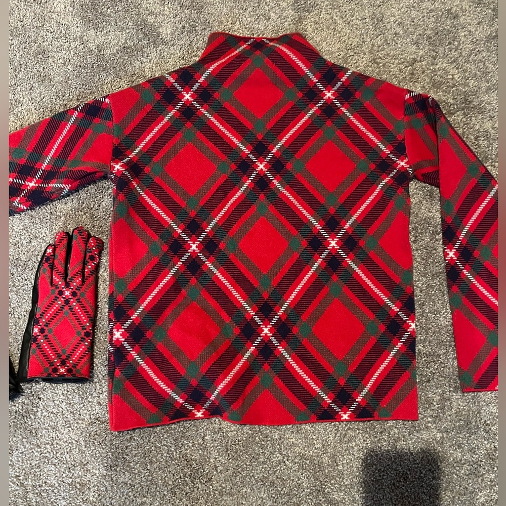 Tahari Red & Green Plaid Sweater and Matching Glove Set